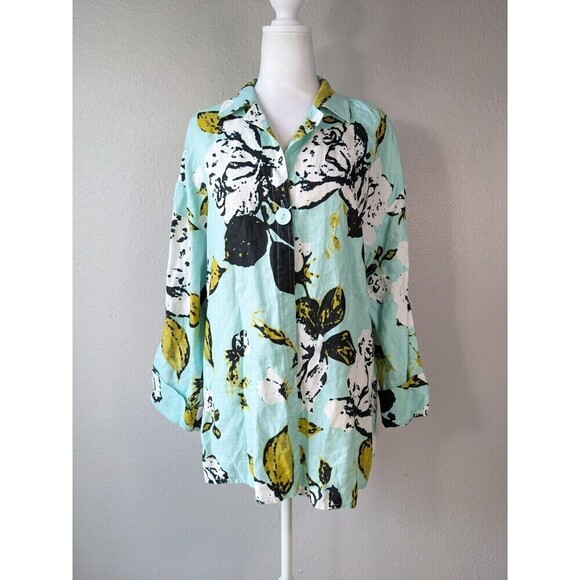 Jones New York Linen Jacket Boho Floral M Teal Floral Beach Cover Up Shacket N22 - Picture 1 of 8